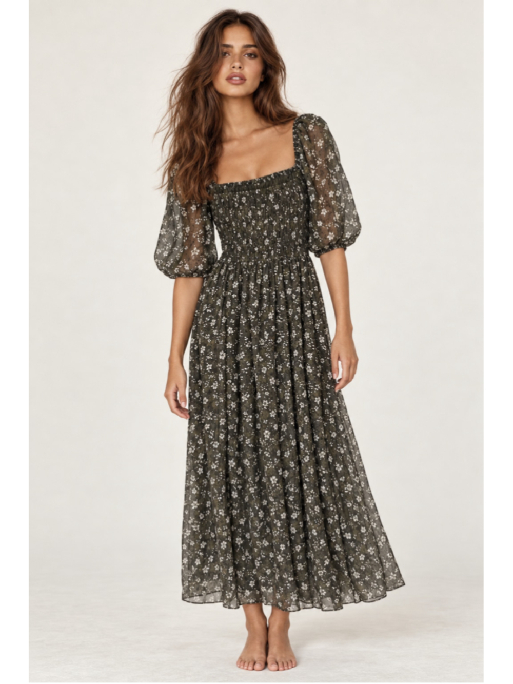 Old Navy Olive Floral Smocked Maxi Dress Puff Sleeve Cottagecore Boho Prairie XL